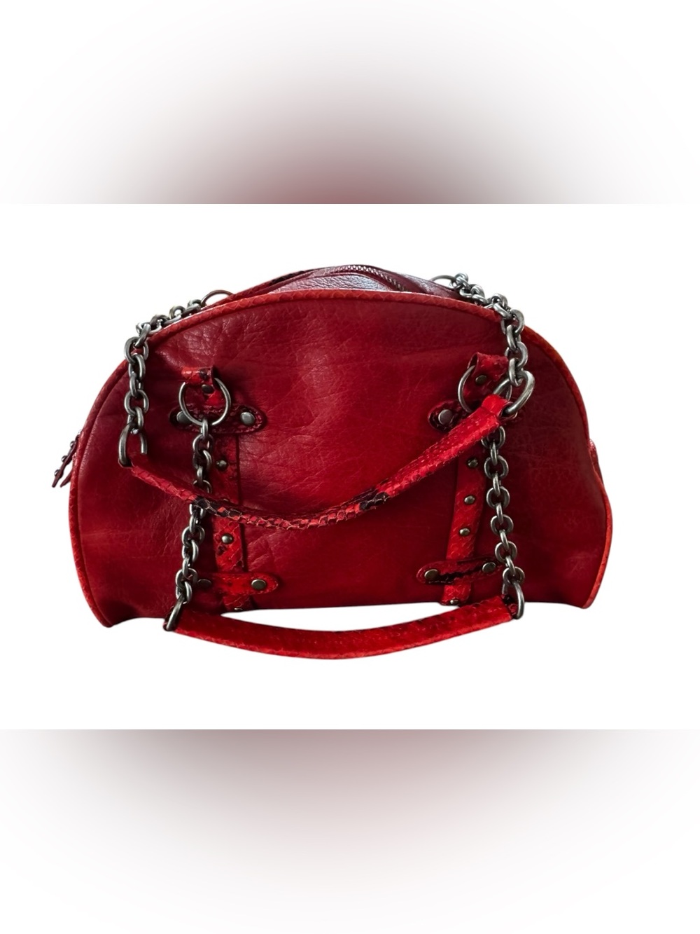 Vint Y2K Cynthia Rowley Red Leather/ Snakeskin Shoulder Bag Silver Chain Handles